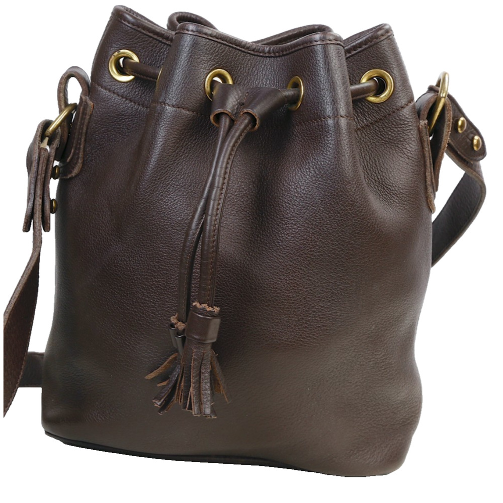 Vintage Dooney & Bourke Dark Brown Leather Drawstring Bucket Bag Crossbody Purse